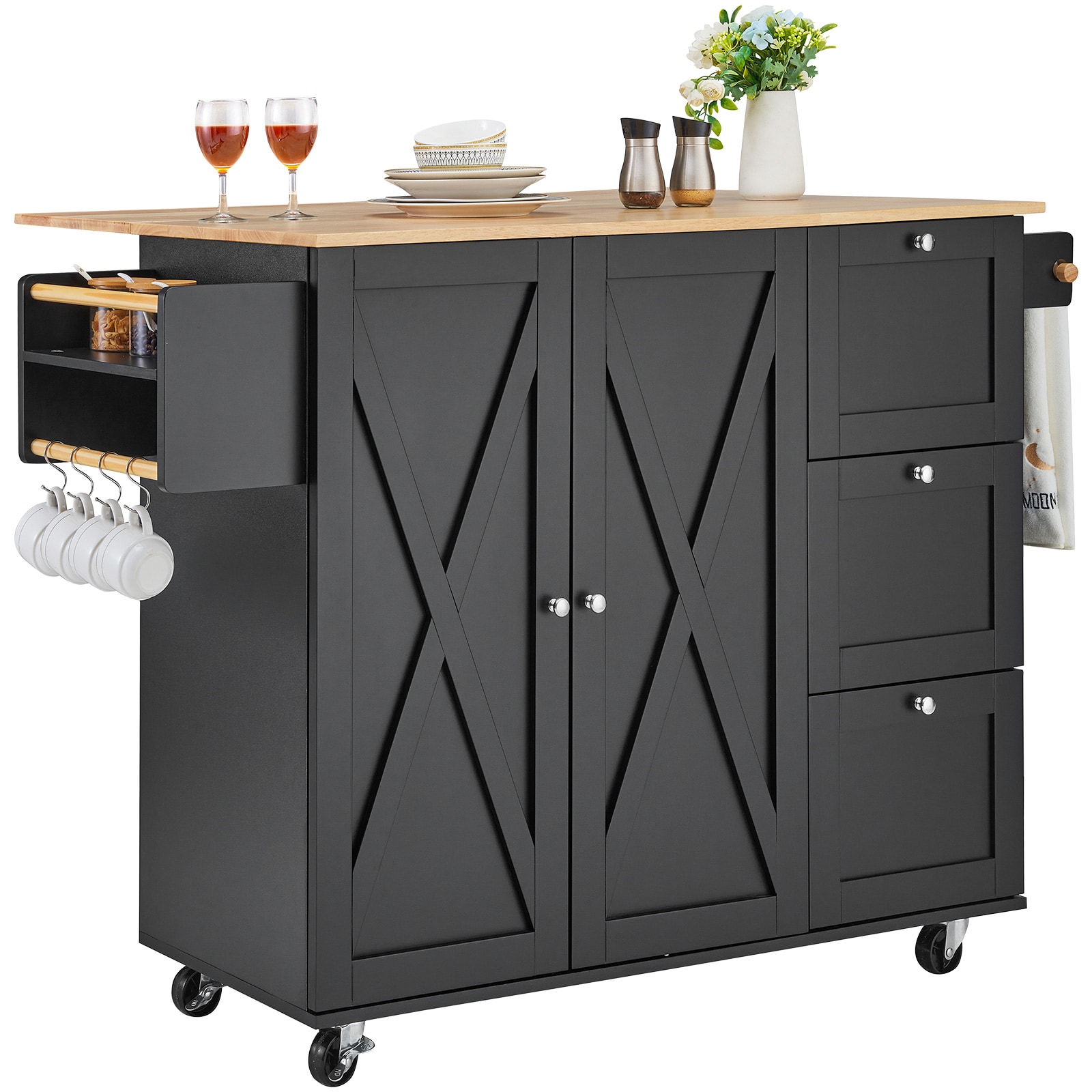 Kitchen Island Cart Rolling Storage Cabinet On Wheel With Drawer & Shelves_voghion.com